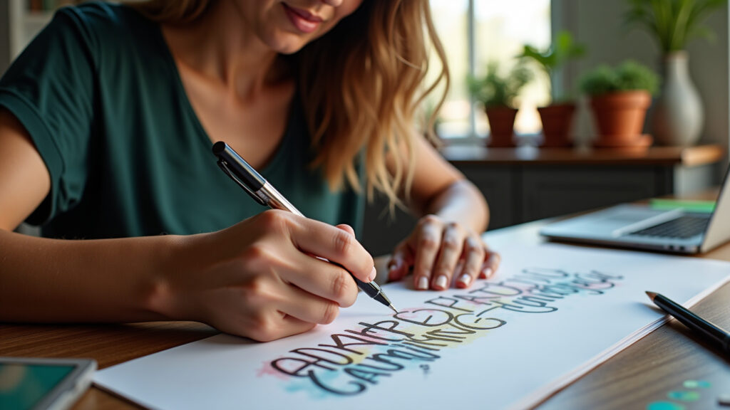 Mulher decorando texto com fontes criativas e elementos brasileiros.