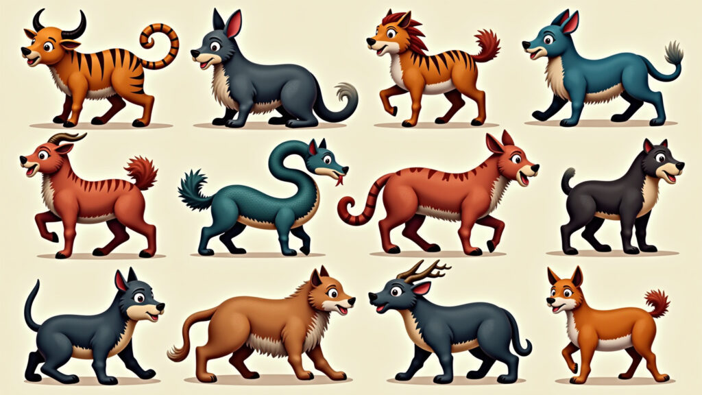 Os 12 animais do zodíaco chinês.