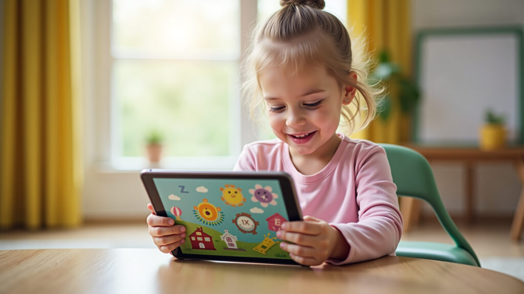 A child playing a letter matching game on a tablet, bright and cheerful room, educational app, Criança jogando jogo de correspondência de letras no tablet.