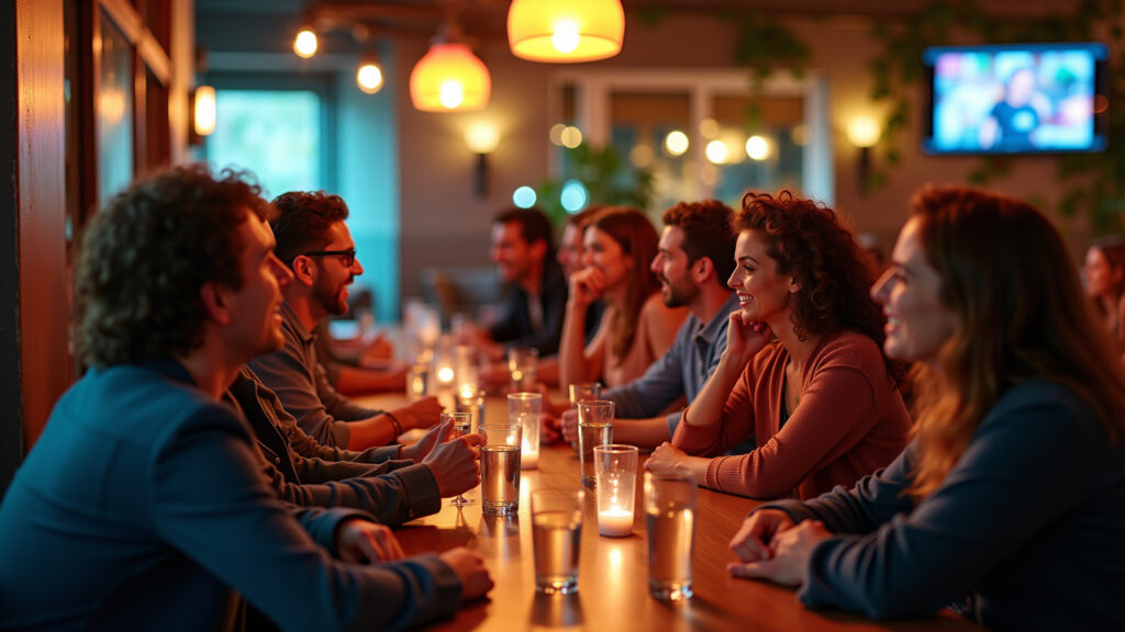 A diverse group of adults engaged in a lively quiz night at a vibrant Brazilian-themed cafe, Grupo diverso participa de quiz em café temático brasileiro.