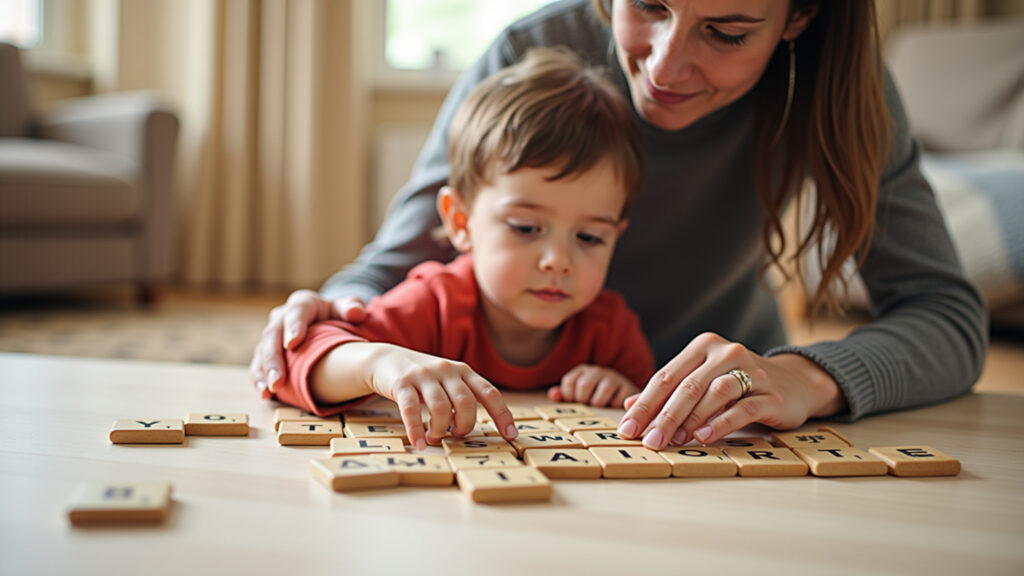 A parent and child playing a word building game with letter tiles, family activity, warm lighting, Pai e filho jogando jogo de construção de palavras.