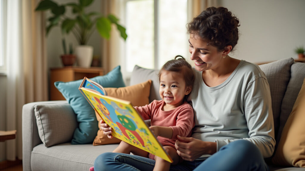 A parent reading a colorful children's book to their child, cozy living room, Brazilian design, Pai lendo livro infantil colorido para filho.