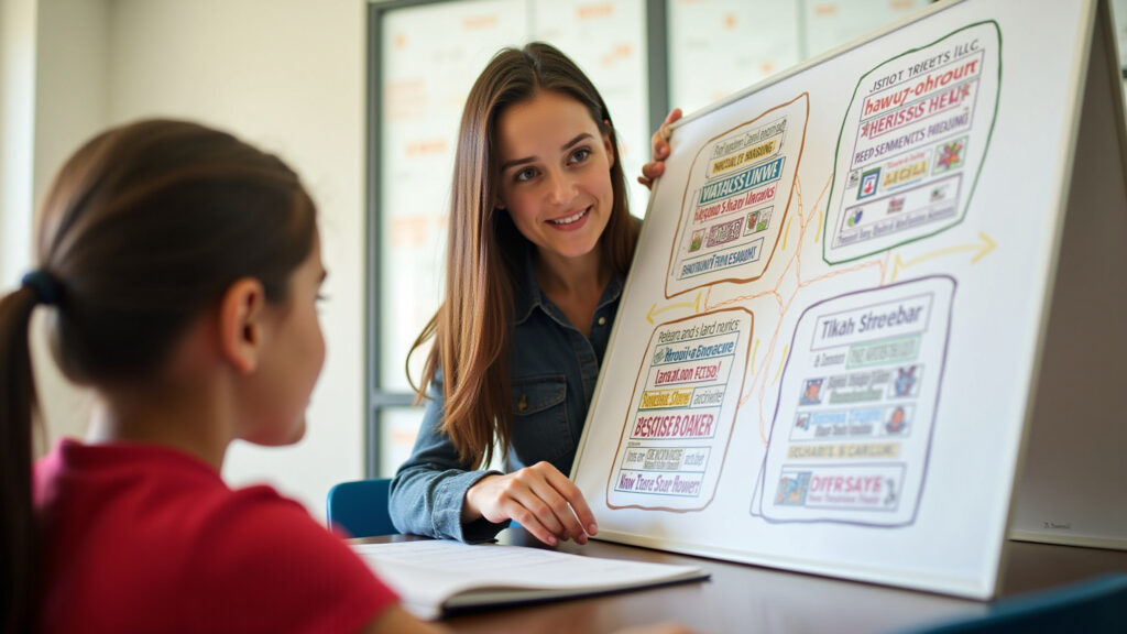 A teacher showing a student a colorful chart with different types of activities, classroom setting, Professora mostrando gráfico de atividades para aluno.