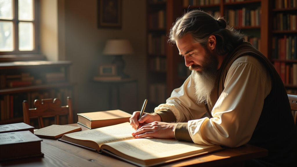 Ancient Roman scholar meticulously converting Roman numerals to Arabic numbers in a sunlit library. Homem convertendo números romanos em arábicos em biblioteca.