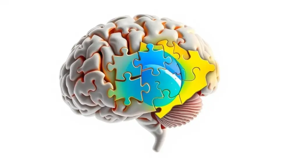 Brain with interconnected puzzle pieces forming a map of Brazil, representing logical thinking and Cérebro com peças de quebra-cabeça formando o mapa do Brasil.