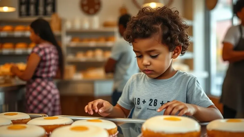 Brazilian child in a bakery using multiplication to calculate the total cost of several 'pães de Criança calculando o preço de pães de queijo com a tabuada.