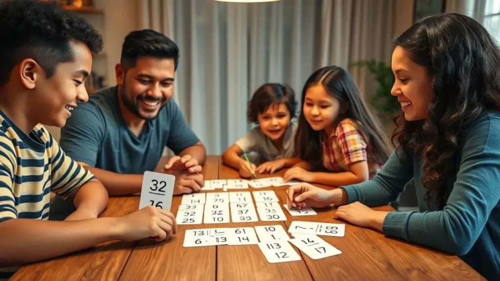 Brazilian family playing a custom-made multiplication card game at a wooden table, warm indoor Família brasileira jogando jogo de cartas da tabuada, aprendizado divertido.