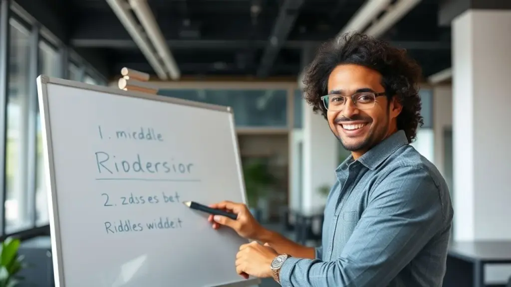 Brazilian professor in a modern office, writing a riddle on a whiteboard, smiling and looking Professor brasileiro criando adivinha no quadro branco.