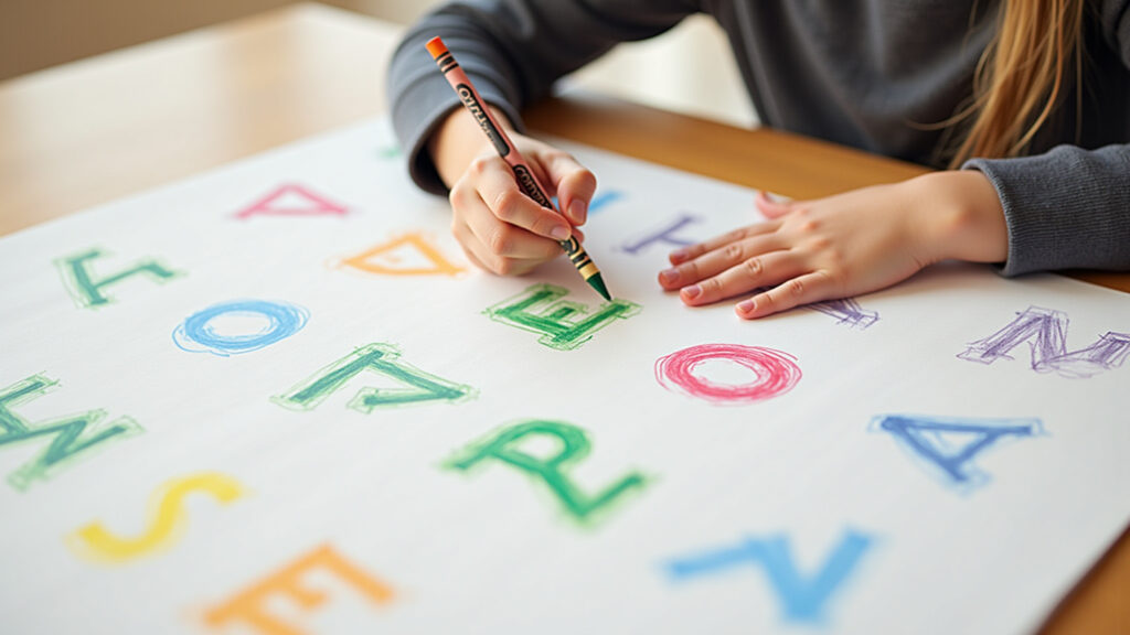 Child drawing letters with crayons on a large sheet of paper, creative art activity, colorful Criança desenhando letras com giz de cera.