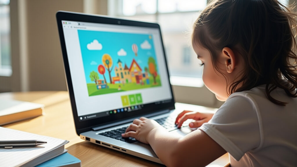 Child using an online educational platform on a laptop, learning environment, bright screen, Criança usando plataforma educacional online.