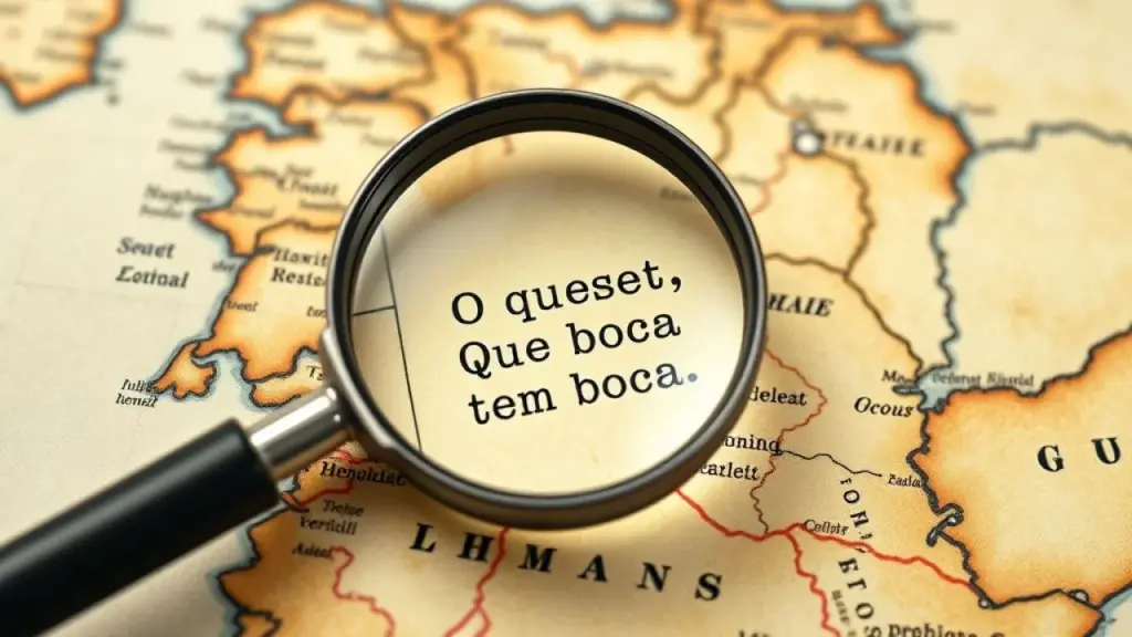 Close-up of a beautifully aged map with a magnifying glass focused on a specific location, Mapa antigo com lupa, representando a adivinha do mapa.