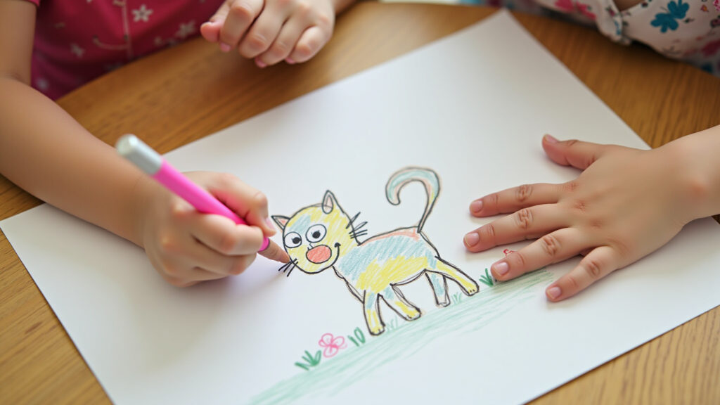 Mãos de criança colorindo desenho de gato simples.