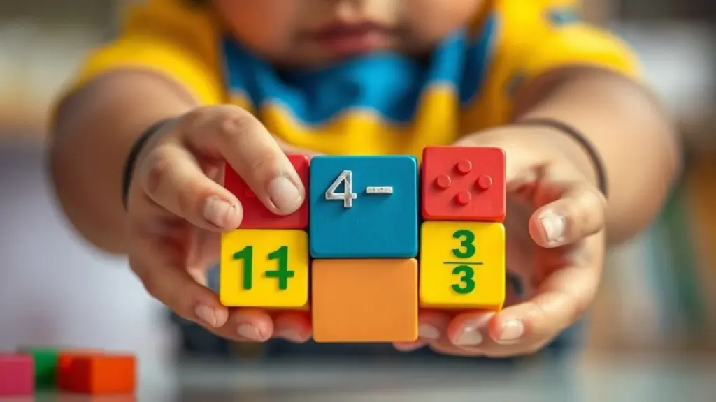 Close-up of a child's hands using colorful building blocks to visually represent multiplication Criança brasileira usando blocos de montar para aprender a tabuada visualmente.