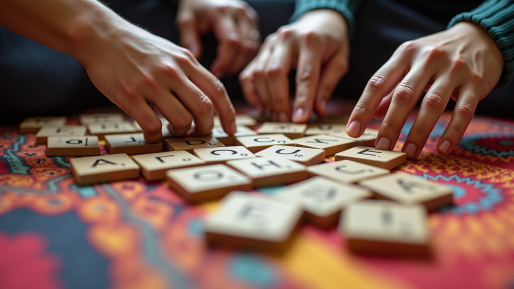 Close-up of diverse hands arranging alphabet blocks on a colorful Brazilian textile, natural light, Mãos organizando blocos do alfabeto.