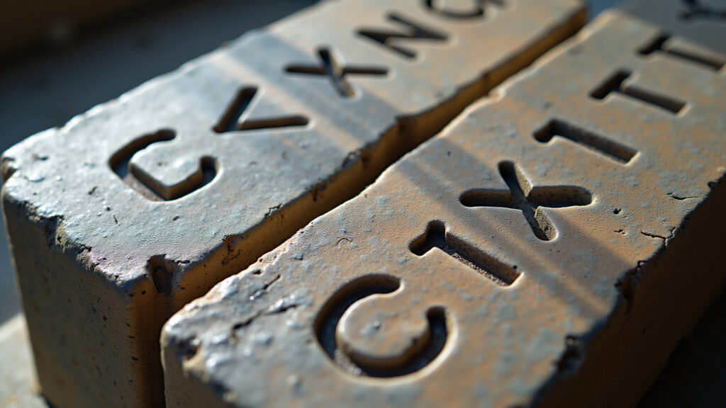 Close-up of Roman numerals (I, V, X, L, C, D, M) etched on weathered stone tablets. 8K quality, Símbolos de números romanos gravados em pedra.
