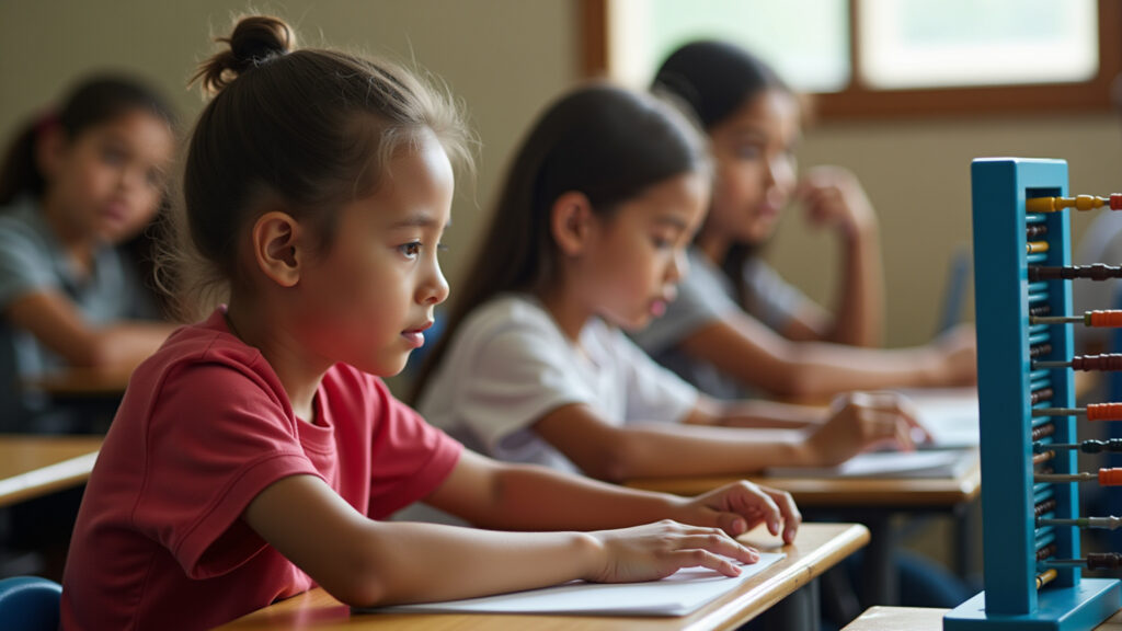 Estudante usando ábaco para aprender o sistema de numeração decimal.