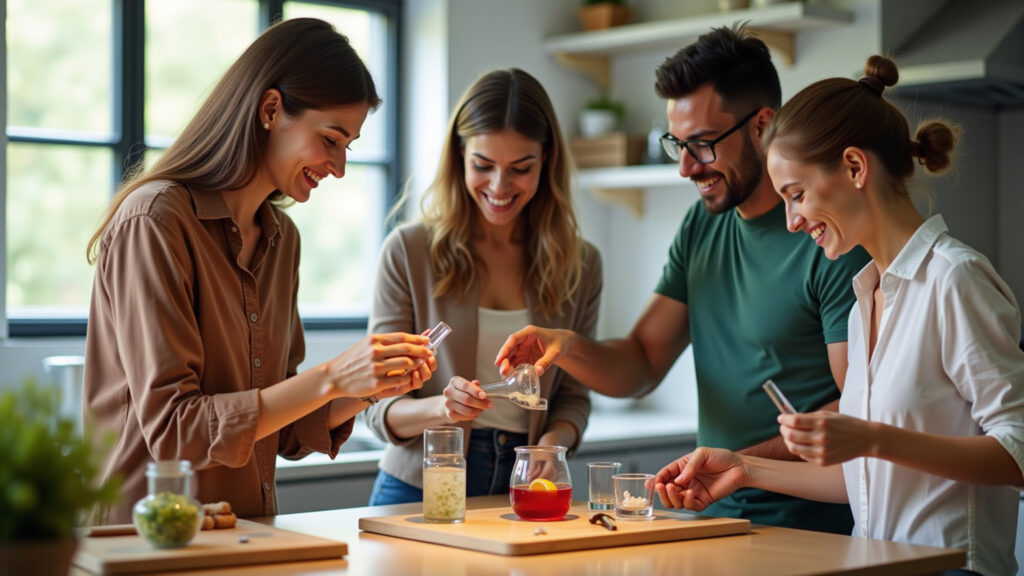 Diverse adults conducting a simple science experiment in a brightly lit Brazilian kitchen, Adultos diversos fazendo experimento científico em cozinha brasileira.