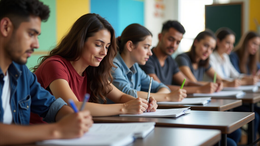 Diverse adults taking a practice test in a colorful Brazilian study room, professional photography, Adultos diversos fazem teste prático em sala de estudo brasileira.
