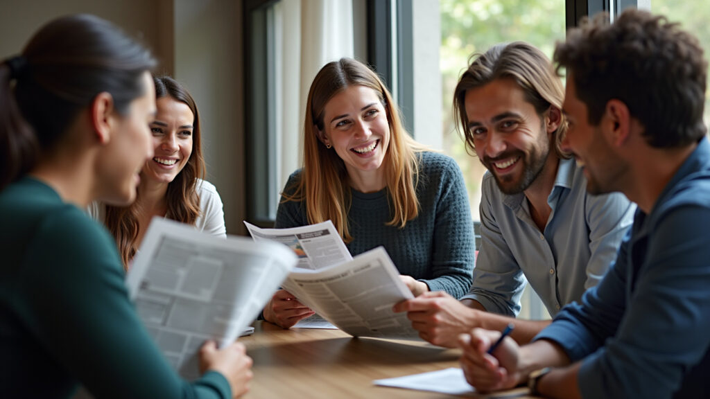 Diverse group discussing current events while reading newspapers in a Brazilian cafe, professional Grupo diverso discute notícias em café brasileiro.