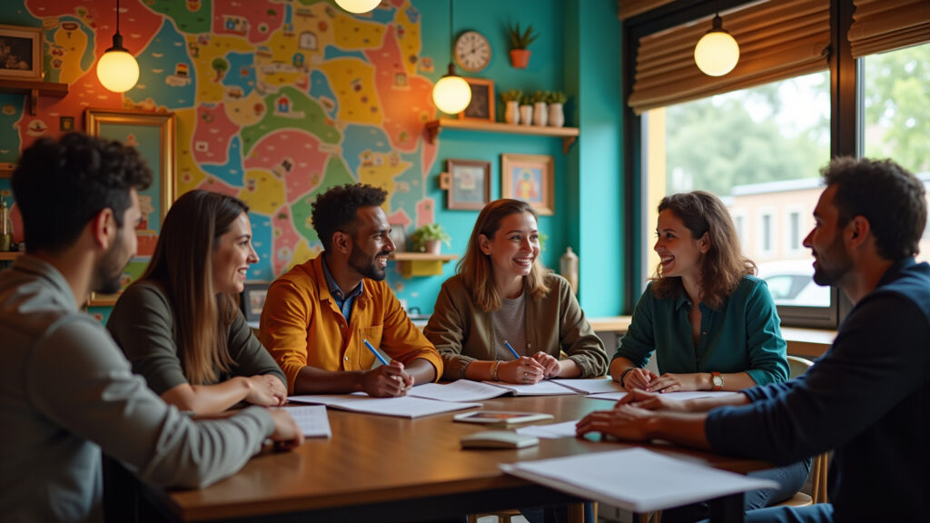 Diverse group discussing study topics in a colorful Brazilian cafe, professional photography, 8K, Grupo diverso discute tópicos de estudo em café brasileiro.