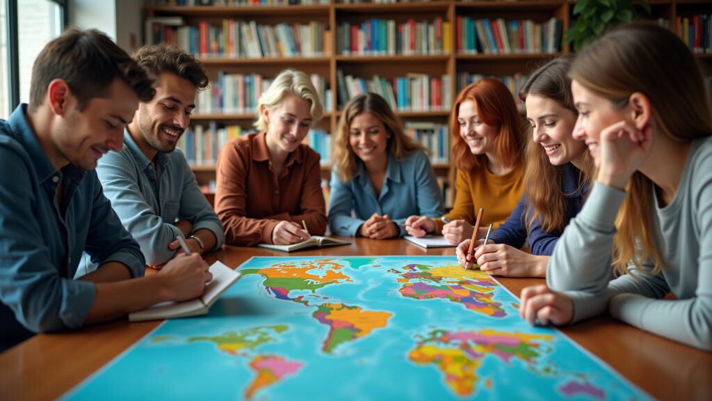 Diverse group studying a world map in a colorful Brazilian library, professional photography, 8K, Grupo diverso estudando mapa mundial em biblioteca brasileira.