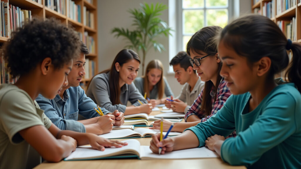 Diverse group using various resources to study in a vibrant Brazilian library, professional Grupo diverso usa recursos variados para estudar em biblioteca.
