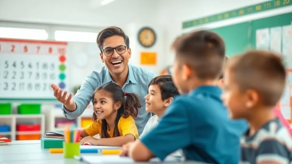 Enthusiastic Brazilian elementary school teacher explaining multiplication table to diverse Professor ensinando tabuada para crianças brasileiras em sala de aula colorida.