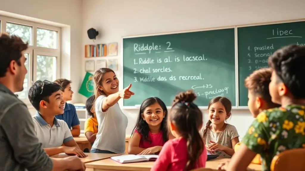 Enthusiastic diverse group of Brazilian students in a sunny classroom, one student pointing Crianças brasileiras resolvendo adivinhas na sala de aula.