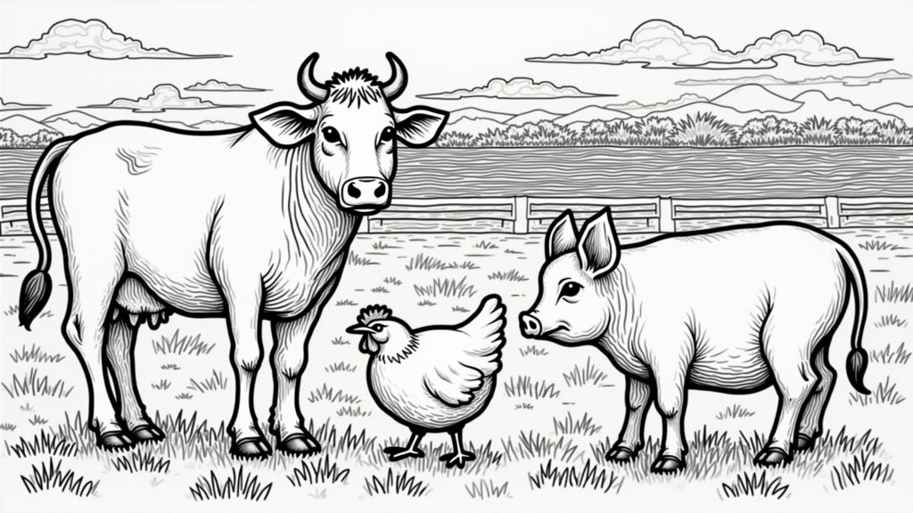 Desenho de animais da fazenda para colorir.
