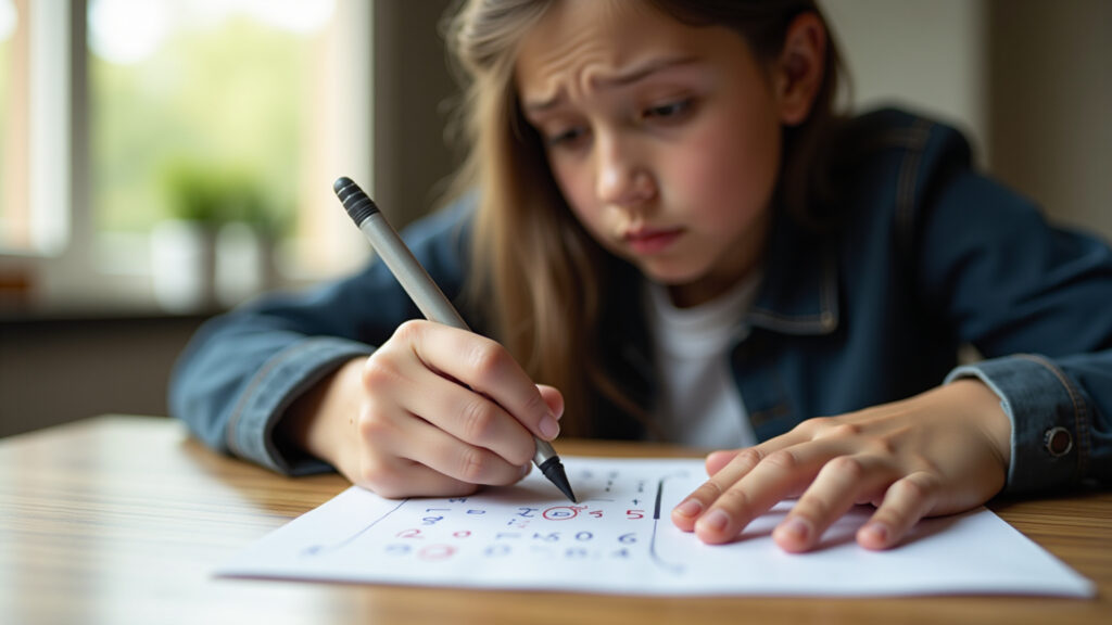 Frustrated student erasing incorrect Roman numeral conversion on paper. Natural lighting, 8K, sharp Estudante frustrado apagando erro em conversão de romanos.
