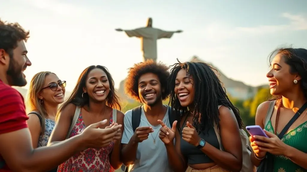 Group of diverse Brazilian friends laughing and playing a guessing game outdoors in a park in Rio Amigos brasileiros se divertindo com adivinhas em parque.
