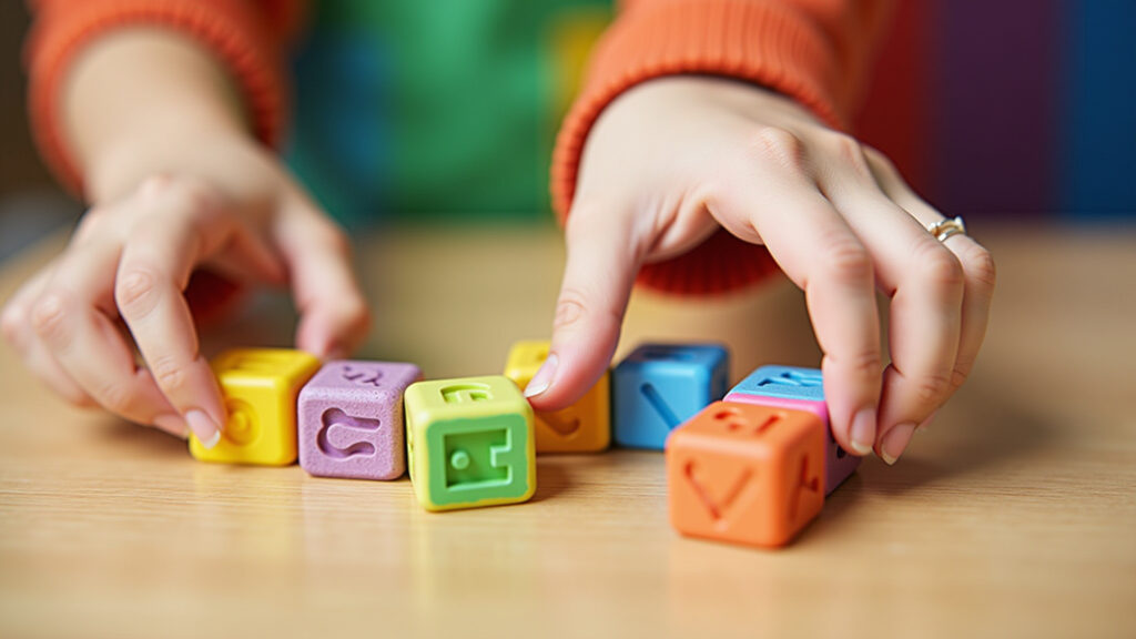 Hands arranging alphabet blocks on a wooden table, colorful background, educational game, sharp Mãos organizando blocos de alfabeto.