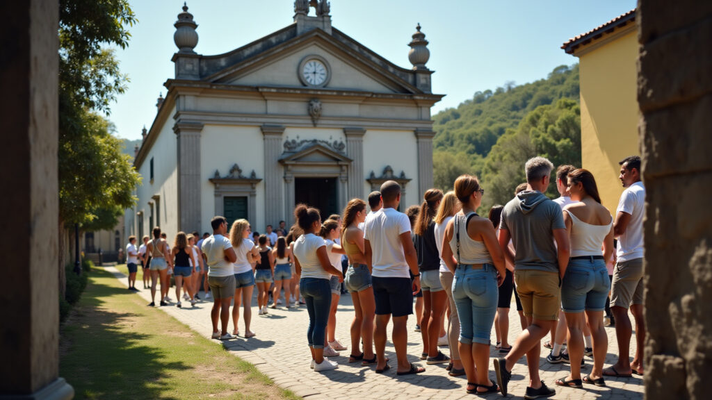 Historical Brazilian landmark with a diverse group of people learning about its significance, Pessoas aprendendo sobre a história do Brasil em ponto turístico.