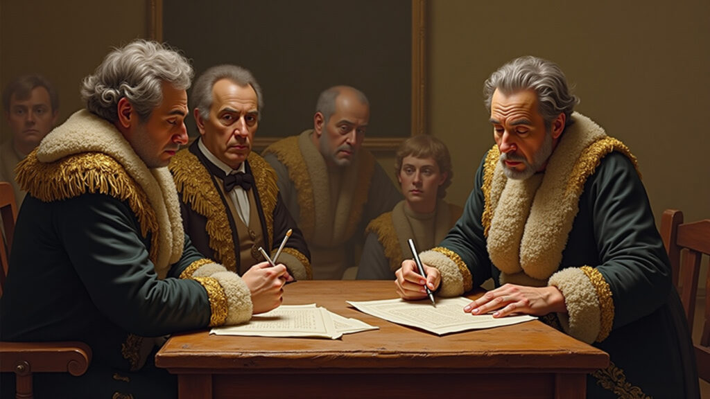 Historical classroom scene in 1827 Brazil, Dom Pedro I signing a decree, quill pen, sepia tones, Dom Pedro I assinando decreto de ensino elementar em 1827.