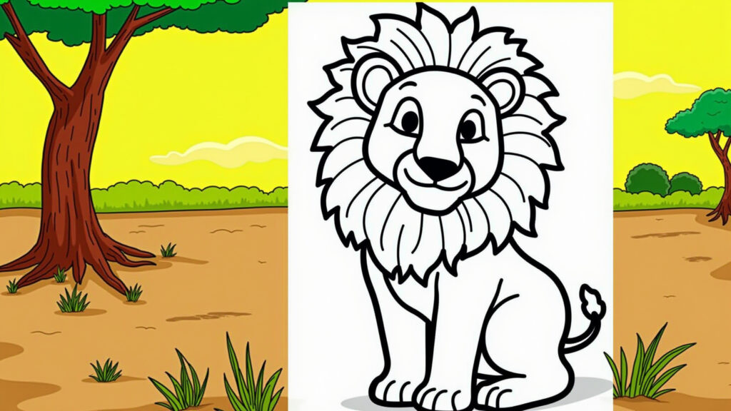 Desenho de leão para colorir, representando a fauna selvagem.