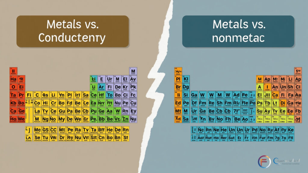 Diferença entre metais e não metais na tabela periódica.