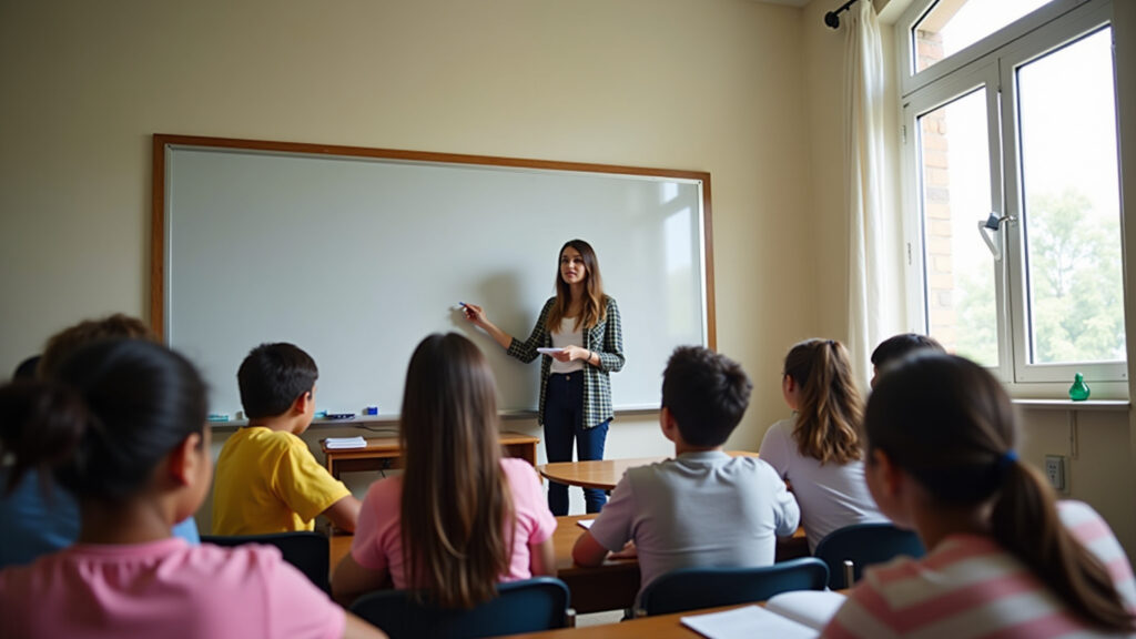 Modern Brazilian classroom, diverse students, teacher explaining, whiteboard, natural light, 8K Professor ensinando em sala de aula moderna no Brasil.