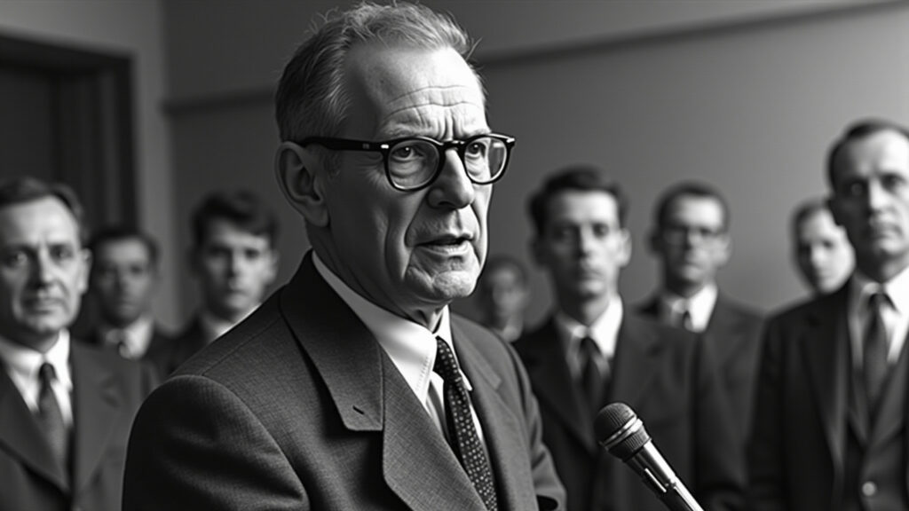 Professor Samuel Becker giving a speech in 1947, São Paulo school, black and white photo, 8K Professor Samuel Becker discursando em homenagem aos professores em 1947.