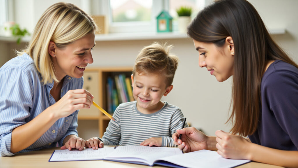 Special education teacher working with a child with learning difficulties, focused attention, Professora de educação especial trabalhando com criança.