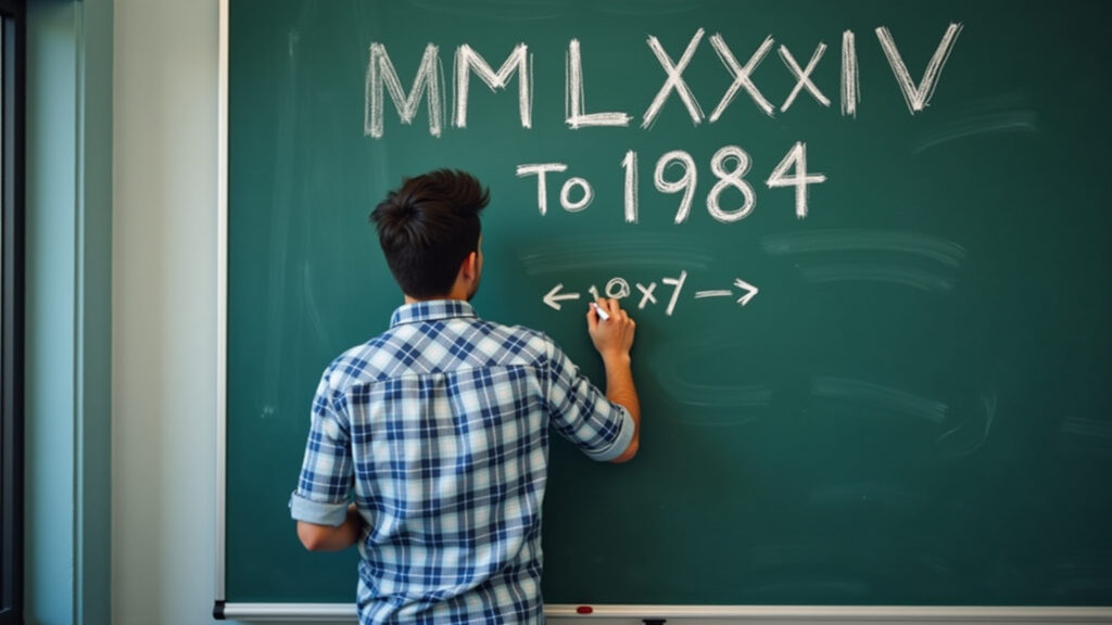 Step-by-step guide: Converting Roman numeral 'MCMLXXXIV' to '1984' on a chalkboard. Clear Conversão de MCMLXXXIV para 1984 em quadro negro.