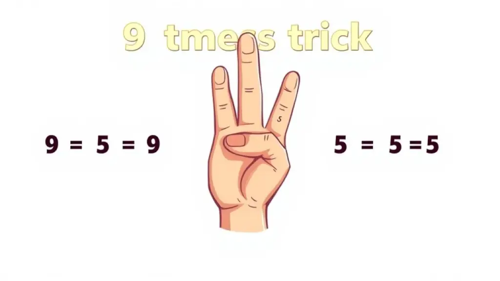 Stylized illustration of the '9 times table trick', with fingers numbered and showing the folded Ilustração do truque da tabuada do 9 com as mãos e dedos.