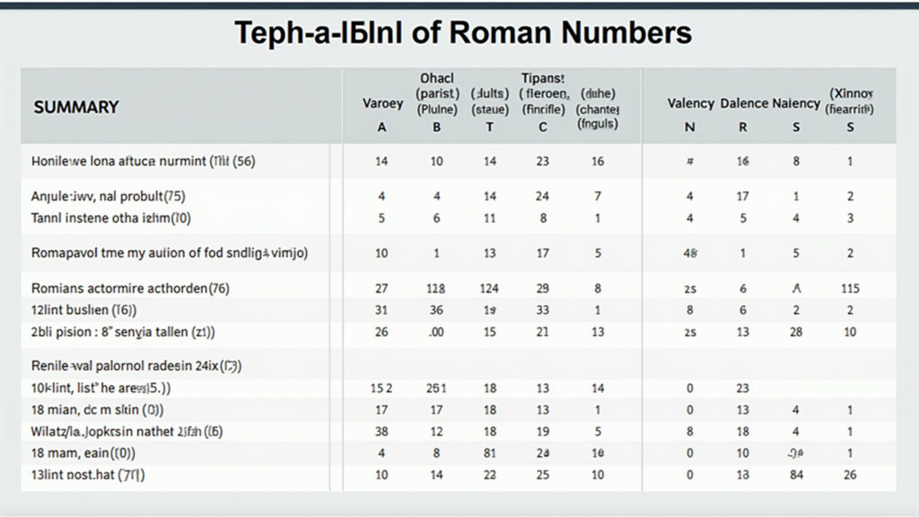 Summary table of Roman numerals and their values displayed on a clean, modern interface. 8K Tabela resumo de números romanos e seus valores.