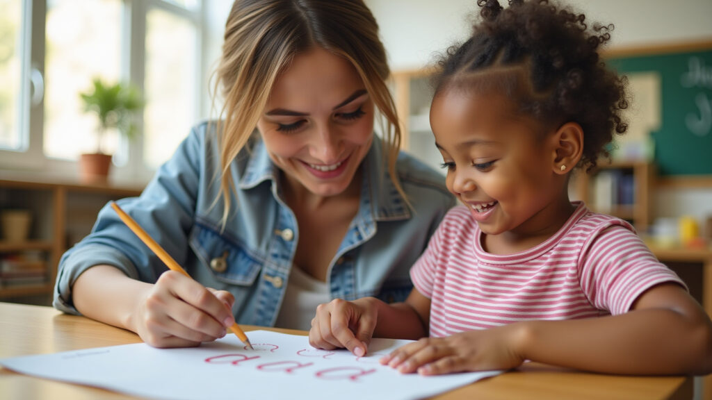 Teacher guiding a child through a letter tracing activity, warm classroom setting, natural light, Professora ensinando criança a traçar letras.