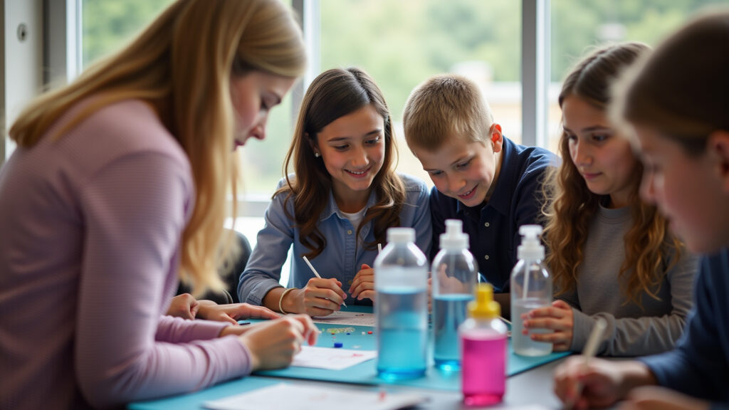 Teacher participating in a school fair, interacting with students, science project, 8K quality, Professor participando de feira escolar com alunos.