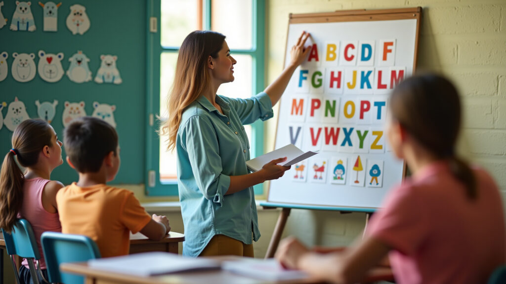 Teacher pointing to alphabet chart, colorful classroom, Brazilian style, natural light, 8K quality, Professor apontando para um cartaz do alfabeto.