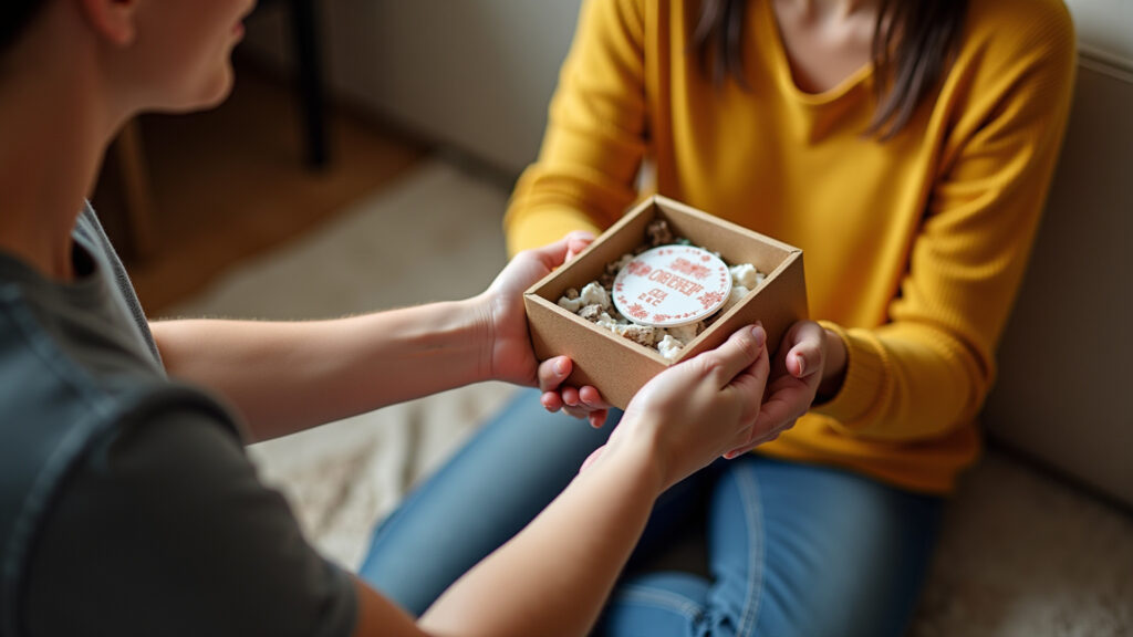 Teacher receiving a symbolic gift, a handcrafted item, warm lighting, 8K quality, sharp focus, Professor recebendo presente simbólico feito à mão.