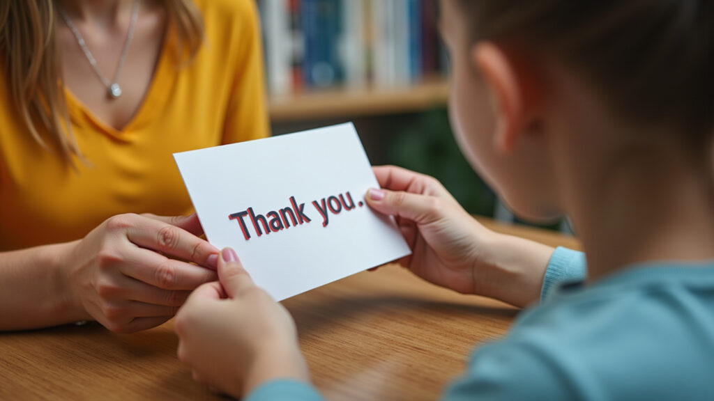Teacher receiving a thank you card from a student, close-up, warm colors, 8K quality, sharp focus, Aluno entregando cartão de agradecimento ao professor.