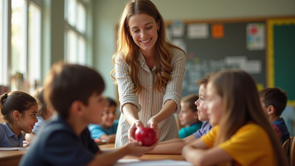 Teacher receiving an apple from a student in a sunlit classroom, 8K quality, sharp focus, lifestyle Professor recebendo maçã de aluno no Dia do Professor.