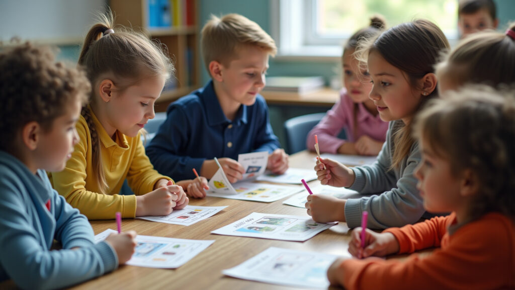 Teacher using flashcards with images and words in a classroom, diverse students, natural light, Professora usando flashcards com imagens e palavras.