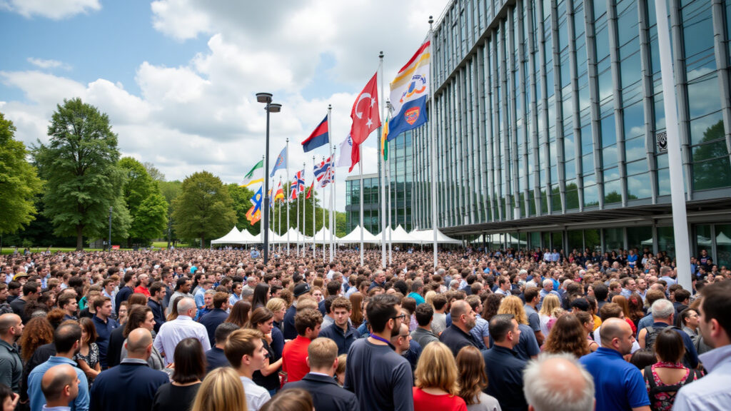 UNESCO headquarters, Geneva, Switzerland, World Teacher's Day celebration, flags, 8K, professional Celebração do Dia Mundial do Professor na sede da UNESCO.